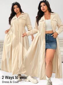 SHEIN EZwear Plus Size Women's Turndown Collar Front Button Decor Long Sleeve Fitted Jacket Long Shirts For Women Long Blouses Beige Dress Long Coat Dress And Coat Winter Fall Autumn