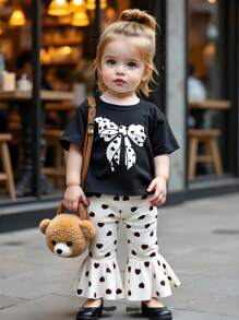 Baby Girl Bowknot Printed Short Sleeve Top And Flare Pants Set - Multicolor - View 7