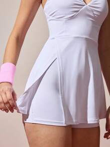 Gameset SHEIN Sport 女式纯色 V 领无袖荷叶边下摆休闲运动迷你连衣裙，夏季 - 白色 - 查看 7