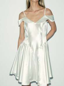 Lumivelle Women's Solid Color Ruffle Off-Shoulder Elegant Satin Dress - White - View 1