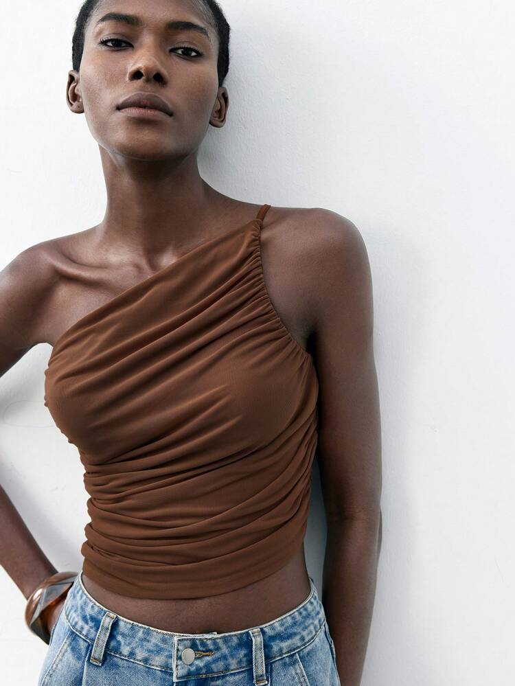 SHEIN Maija New Coffee Brown Asymmetrical Cut Asymmetric Design One Shoulder Tie-Up Ruched Women Top, Spring/Summer Women Easter Party Top Beach Holiday Brown Top Casual Travel Romantic, Fashion, Versatile; Suitable For Summer Vacation, Comfortable, Bohemian Style, Beach Wear, Simple Daily Wear, Country Style, Essential, Solid Color, Holiday Casual