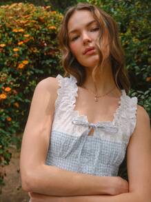 WESTFADE Eyelet Embroidered Gingham Round Neck Bow Button Front Sleeveless Dress Summer Boho Cowgirl Sun Dress - Green - View 2