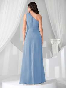 Coutiva 全新时尚优雅合身不对称领口无袖鸡尾酒会礼服 - 淺藍色 - 查看 2