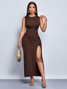 SOLERSUN Vestido largo de mujer elegante y casual de unicolor para vacaciones de primavera y verano, con pliegues, sin mangas, espalda descubierta y abertura en el bajo - Marrón - Ver 1