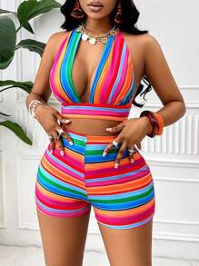 SOLERSUN 女士多彩條紋綁帶領帶上衣和短褲套裝，適用於波西米亞風格海灘度假（隨機花卉圖案） - 彩色 - 查看 6