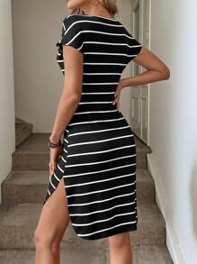 SHEIN LUNE Women's Drop Shoulder Round Neck Striped Cinched Waist Side Slit Casual Dress - Black and White - View 2