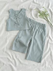 Vintaside Kids 女婴简约绿色条纹无袖蝴蝶结上衣和裤子两件套，春夏款 - 綠色 - 查看 1