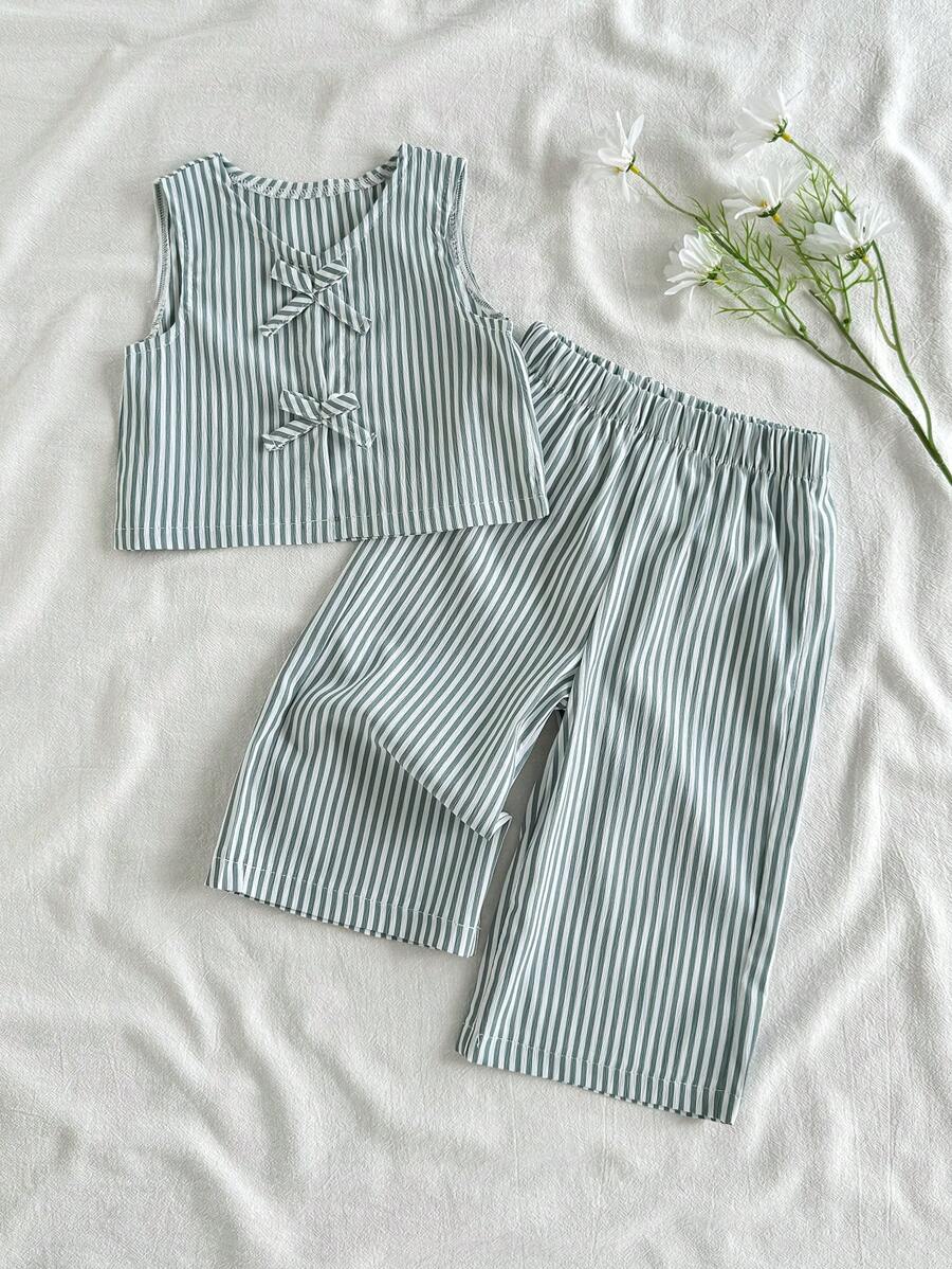 Vintaside Kids 女婴简约绿色条纹无袖蝴蝶结上衣和裤子两件套,春夏款 - 綠色 - 查看 1