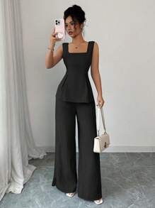 Elenzga 2025春夏新款2件套：方领吊带背心+阔腿裤，优雅休闲搭配套装 - 黑色 - 查看 5