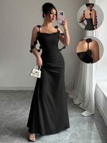 Elenzga 优雅迷人淑女浪漫度假无袖碎花吊带腰饰缎面连衣裙