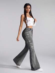 Selenza Women's Casual Flower Embroidery Flared Washed Denim Jeans - Dark Grey - View 4