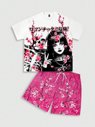 Anime بدلة رجالية مكونة من تي شيرت مطبوع عليه نمط الشارع مع كروب الكتف ، وشورت فضفاضة ، بنمط البانك بمظهر عتيق