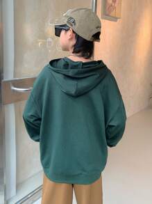 SHEIN Tween Boy Letter Print Drop Shoulder Long Sleeve Sweatshirt With Pockets,In Fall/Winter - Green - View 3