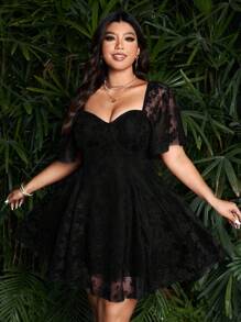 Sunspun Đầm ren hoa cổ tim tay bèo nhún thanh lịch cỡ lớn cho nữ - màu đen - Xem 6