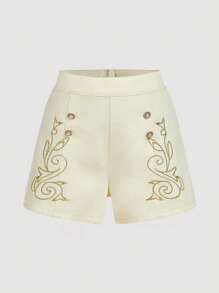 SHEIN EZwear Women Elegant Button Design High Waist Embroidery Denim Shorts - White - View 1