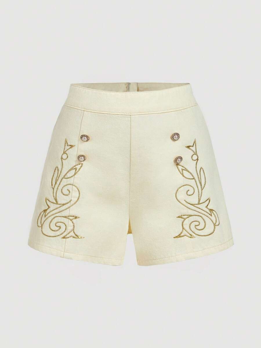 SHEIN EZwear Women Elegant Button Design High Waist Embroidery Denim Shorts - White - View 1