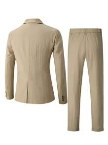 Manfinity Homme Men's Solid ColorLong Sleeve Casual Blazer Suit Set - Khaki - View 2