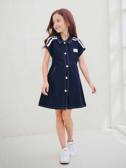 SHEIN Explorewe 年轻女孩夏季无袖牛仔背心裙，正面带纽扣