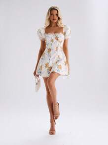 Glamine Women's Romantic Date Sexy Princess Style Floral Printed Tulle Dress Women Summer Clothing Woman S Summer Clothes Women Short Dresses Summer Women S Clothes Women Summer Sets Butter Yellow