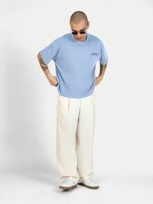 SUMWON 夏季俱乐部摩纳哥图案设计 T 恤欧洲风格橙色柑橘印花棉混纺休闲街头服饰度假休闲装 - 霧霾藍 - 查看 4