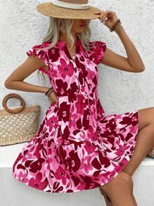 Breezaya Damen Sommer Urlaubs Kleid mit Blume Muster, Kerbenausschnitt, Rüschen an den Ärmeln und kurzer Babydoll-Silhouette