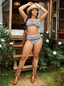 Swim Vcay Set bikini cu bretele tip spaghetti și imprimeu retro pentru vară, mărime plus, pentru plajă și vacanță - Multicolor - Vizualizare 4