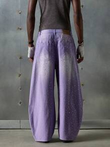 NEON BLANC Men's Streetwear Loose Fit Long Distressed Rhinestone Decor Wide Leg Jeans - Purple - View 3