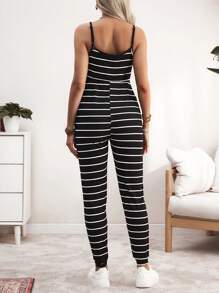 SHEIN Maternity Jumpsuits Ribbed Fabric, High Elastic, Black & White, Summer Pregnancy Overall, Front Panel Is Ribbed, Back Panel Is Plain - Black and White - View 2