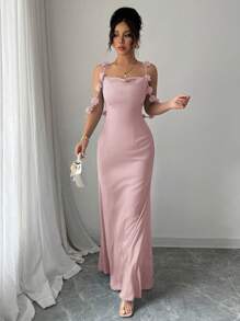 Elenzga Đầm satin trơn màu thanh lịch quyến rũ nhẹ nhàng lãng mạn không tay dây mảnh trang trí eo có hoa đeo vai - Bụi hồng - Xem 7