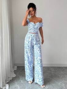 Lyxana Set de 2 piezas: Top de hombros y pantalón de pierna recta con estampado