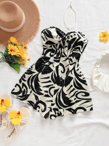 Soleia 女士度假春夏嘉年华海滩邮轮装，绿色水彩剪影印花露肩扭花前后系带阔腿连体裤，派对、约会、夏季穿着 - 黑與白 - 查看 4