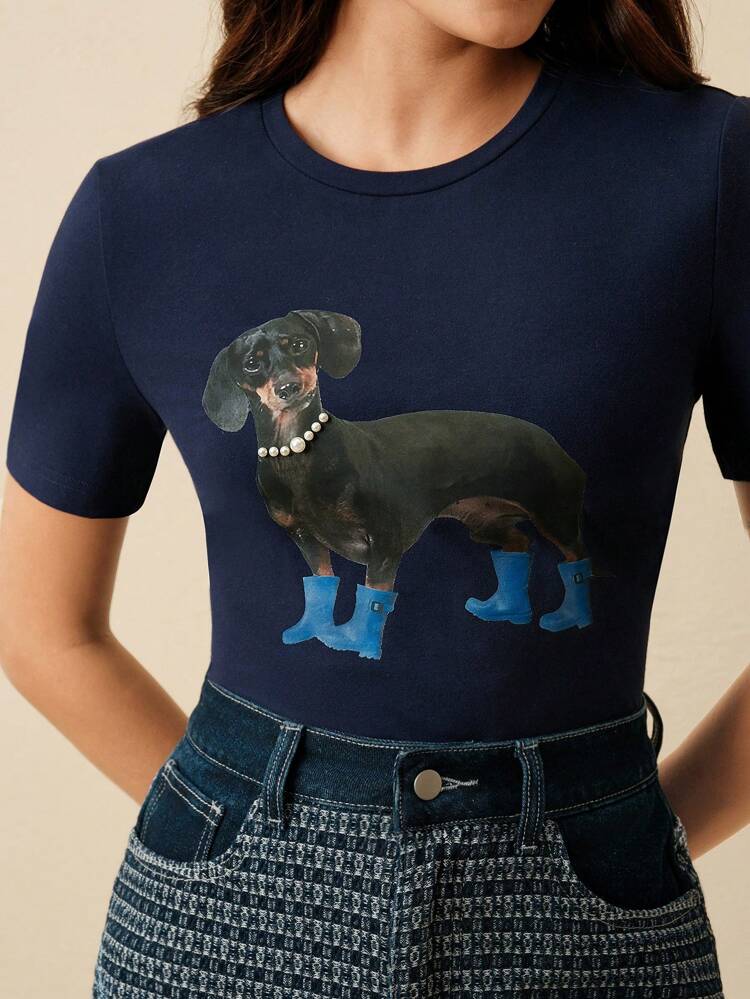アメリカンスタイル 犬モチーフ 半袖Tシャツ ウィメンズ、ネービー