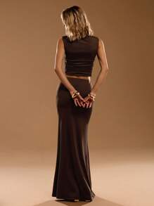 SHEIN BAE 2 chiếc/Bộ áo bó sát màu nâu trơn không tay & chân váy đuôi cá dài trang phục thanh lịch cho nữ, váy không tay mùa hè - màu nâu - Xem 2