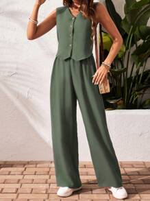 SHEIN Frenchy 2pcs/Set Women's Casual Single-Breasted Vest And Pants, Summer