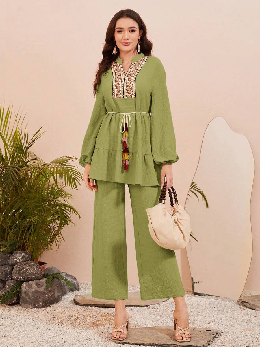 Mulvari Floral Embroidery Tassel Detail Belted Top & Wide Leg Pants 2 Pieces Set - Green - View 1
