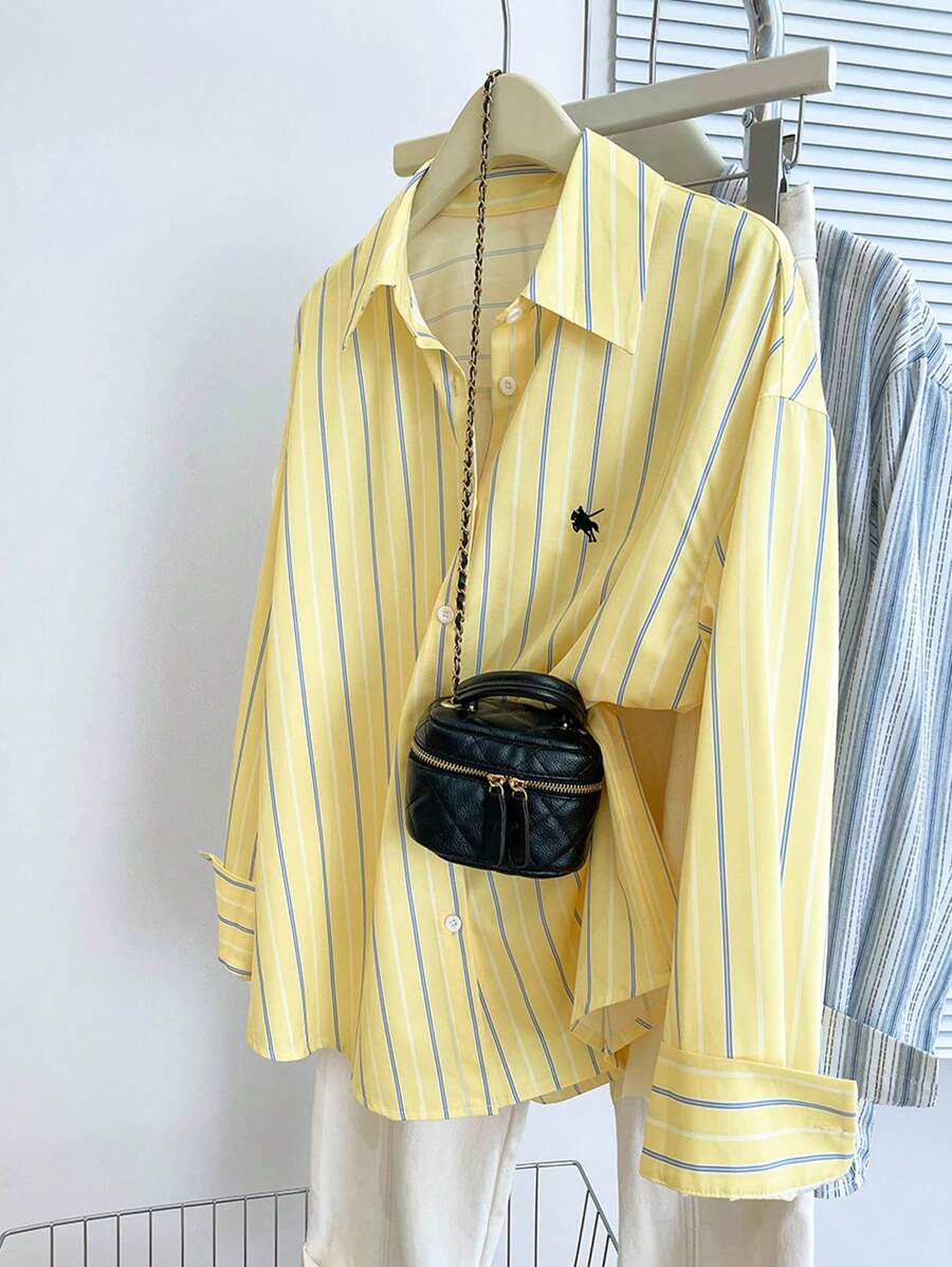 INAWLY Women Casual Commuter Striped Long Sleeve Shirt - Yellow - View 1