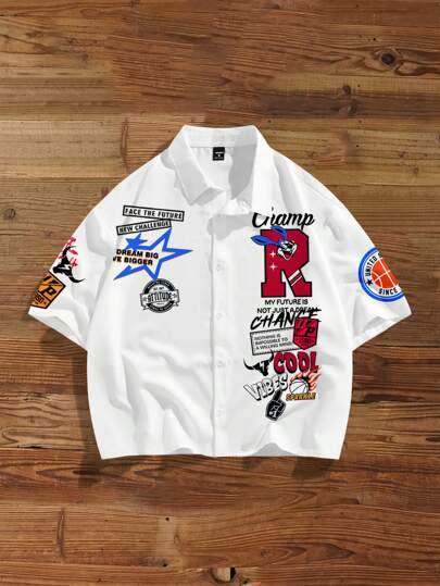 Claim Dot 男士简约兔子字母印花短袖全印花短款衬衫，适合夏季、朋友礼物、家庭/情侣搭配