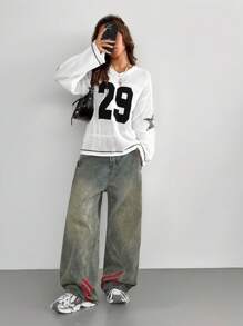 Coolane 男女款情侣同款针织条纹数字印花超大针织罩衫上衣秋冬学校厚毛衣 - 白色 - 查看 6