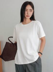Dazy-Less 女士圆领宽松休闲商务拼布短袖T恤上衣，夏季 - 白色 - 查看 5