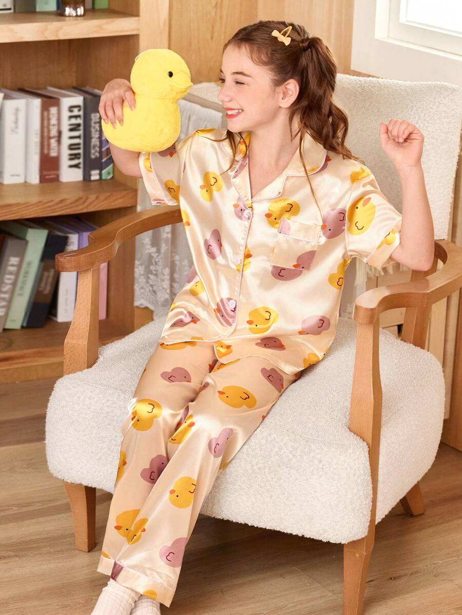 SHEIN 可爱鸭子印花少女软缎睡衣套装