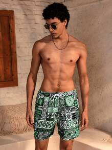 Manfinity VDAYZ Men's Beach Vacation Print Drawstring Swim Trunks (Messy Print) - Green - View 4