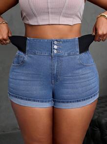 SHEIN SXY Women Plus Slant Pocket Casual Mini Shorts With Elastic Denim Shorts