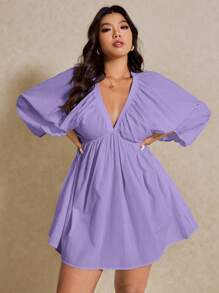 Elaquor Plus Size Women Cotton V-Neck 3/4 Sleeve Short Dress Spring To Summer Fall - Lilac Purple - View 6