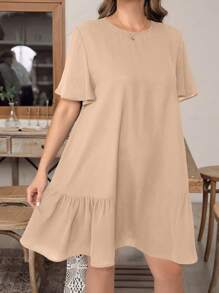 2026 New vestidos casual  Vestido corto negro básico de manga corta, cómodo y holgado, de moda casual para mujer de talla grande, para primavera y verano, estilo "Old Money", vestidos de igl - Albaricoque 2 - Ver 5