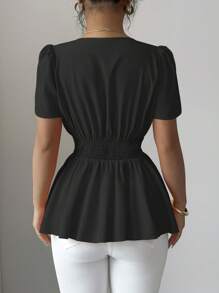 Elenzga Nueva blusa de mujer de tejido tejido con cuello en V, con manga con volantes, decoración de botón en la cintura, diseño de volantes en el bajo cruzado, blusa elegante y versátil de corte ajustado - Negro - Ver 2