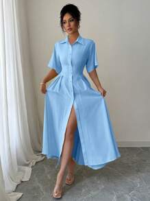 Elenzga Vestido largo con diseño de solapa y borde abullonado, azul - Celeste - Ver 4
