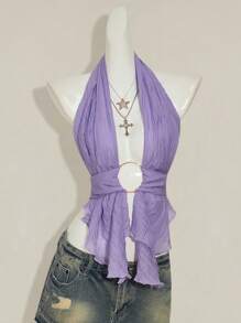 SHEIN ICON 2025新款复古浪漫深V领透视网纱露背上衣，适合派对和假日穿着 - 淡紫色 - 查看 6