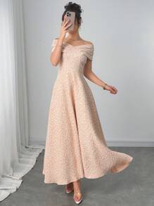 Modelyn Women's Floral Jacquard Off Shoulder Long Fitted Elegant Dress