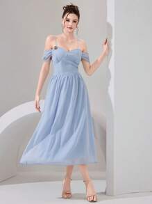 Poshira Damen Off-Shoulder Partykleid Einfarbig mit schlanker Taille im französischen Stil - Blau - Übersicht 5