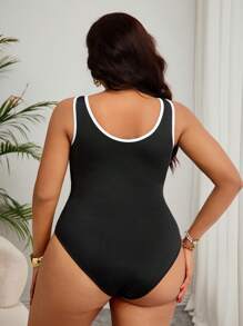 Swim Vcay Plus Size Women One-Piece Swimsuit, Conservative Solid Color Black & White Panel Beach Party Holiday Swimwear For Summer Beach Vacation - Black - View 2